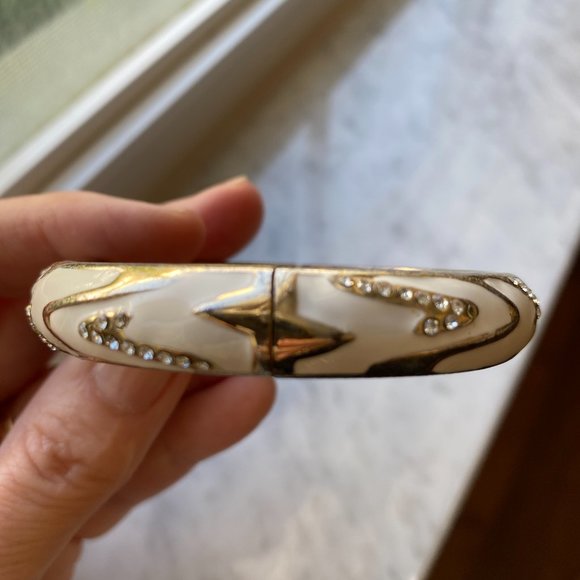 Vintage White Enamel and Rhinestone Hinged Bangle Bracelet 1960's - Picture 3 of 9